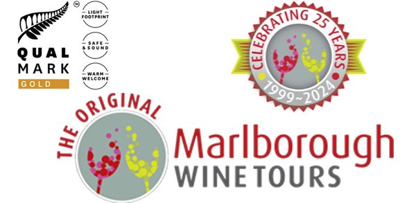 Qualmark Gold and Original Marlborough Wine Tours logos celebrating 25 years of Marlborough wine tours in New Zealand