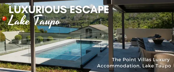 Private mineralised swimming pool at The Point Villas Lake Taupo luxury accommodation with lake views