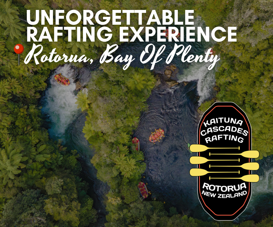 Aerial view of rafting boats navigating a lush green jungle canyon and whitewater rapids. Text overlay reads ‘Unforgettable Rafting Experience • Rotorua, Bay Of Plenty’. Kaituna Cascades Rafting logo displayed on the lower right