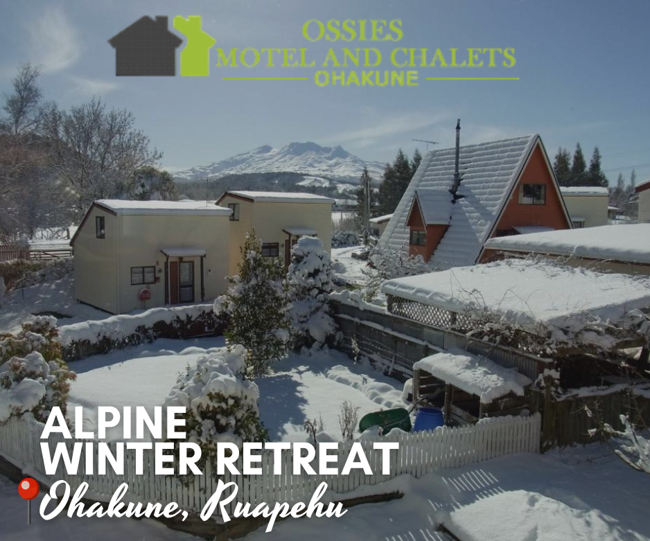 Snow-covered chalets and motels at Ossies Motel & Chalets in Ohakune, with Mt Ruapehu in the background. A-frame and Scandinavian-style lodges surrounded by alpine scenery, perfect for a winter ski retreat