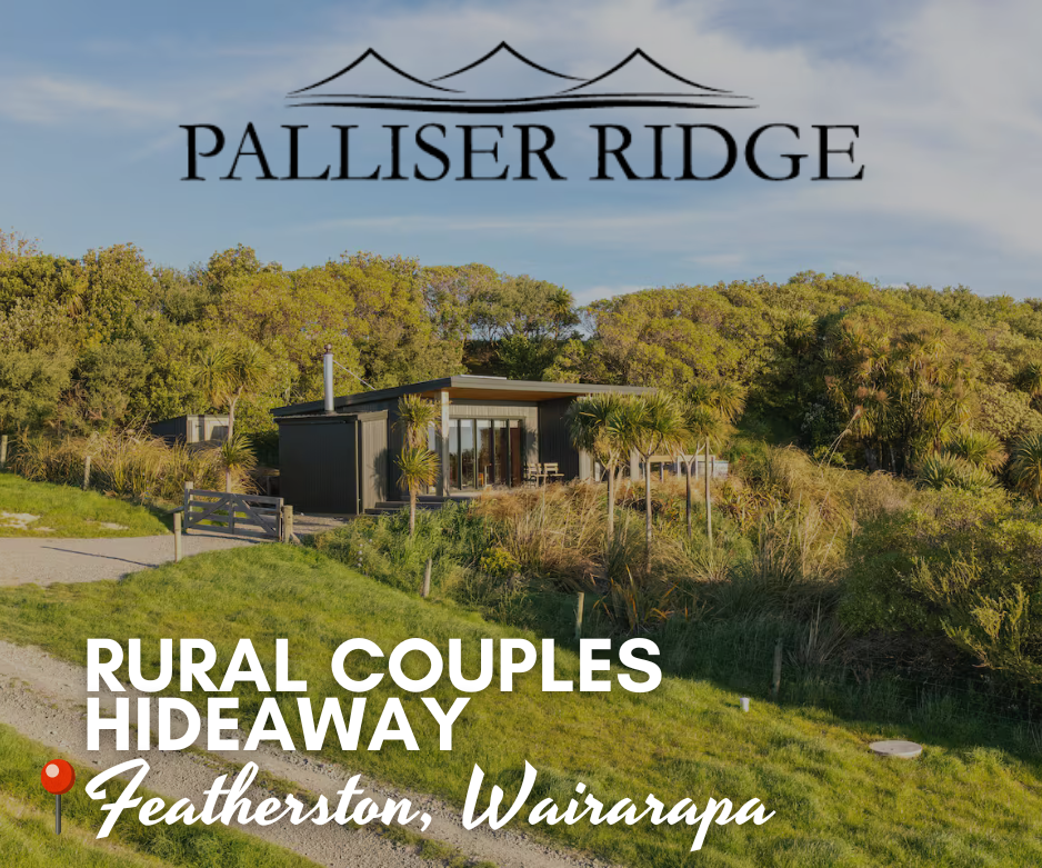Off-grid couples retreat at Palliser Ridge in Featherston, Wairarapa – secluded eco accommodation surrounded by native bush and farmland