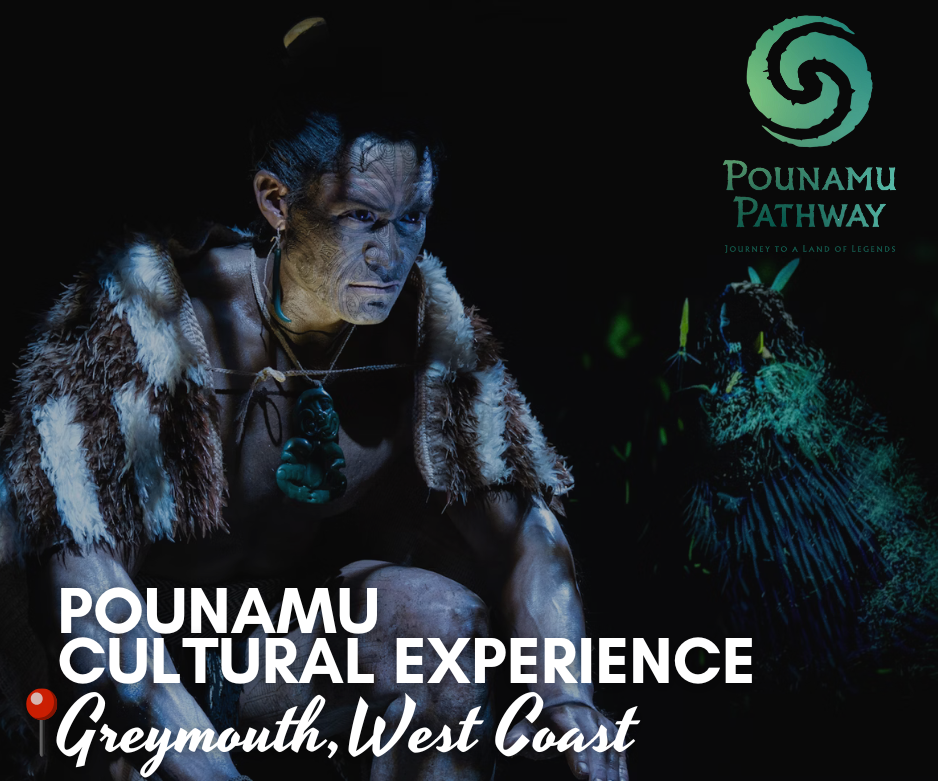 Māori performer in traditional dress wearing pounamu pendant, illuminated dramatically against a dark background. Promotional image for Pounamu Pathway Māori Cultural Experience, Greymouth, West Coast
