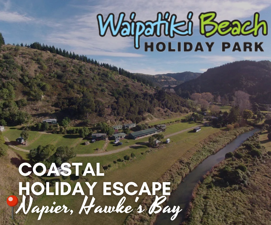 Waipatiki Beach Holiday Park in Napier, Hawke’s Bay – family-friendly coastal accommodation with cabins, camping sites, and beachfront access surrounded by bush and scenic walking tracks