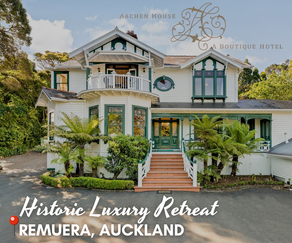 Aachen House Boutique Hotel in Remuera, Auckland — a historic luxury retreat offering boutique accommodation and event venue with elegant Victorian charm surrounded by lush gardens.