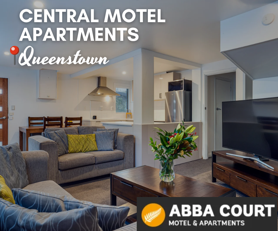 Modern living room and kitchen at Abba Court Motel & Apartments, central Queenstown accommodation with family-friendly facilities, free parking, and self-catering options