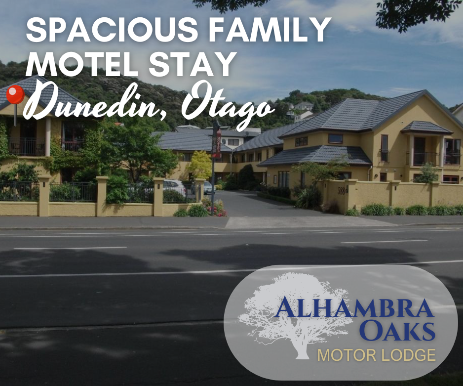 Alhambra Oaks Motor Lodge – spacious family motel stay with secure parking and modern accommodation in Dunedin. Family-friendly 4-star motel close to Otago University, Forsyth Barr Stadium, and Dunedin Hospital.