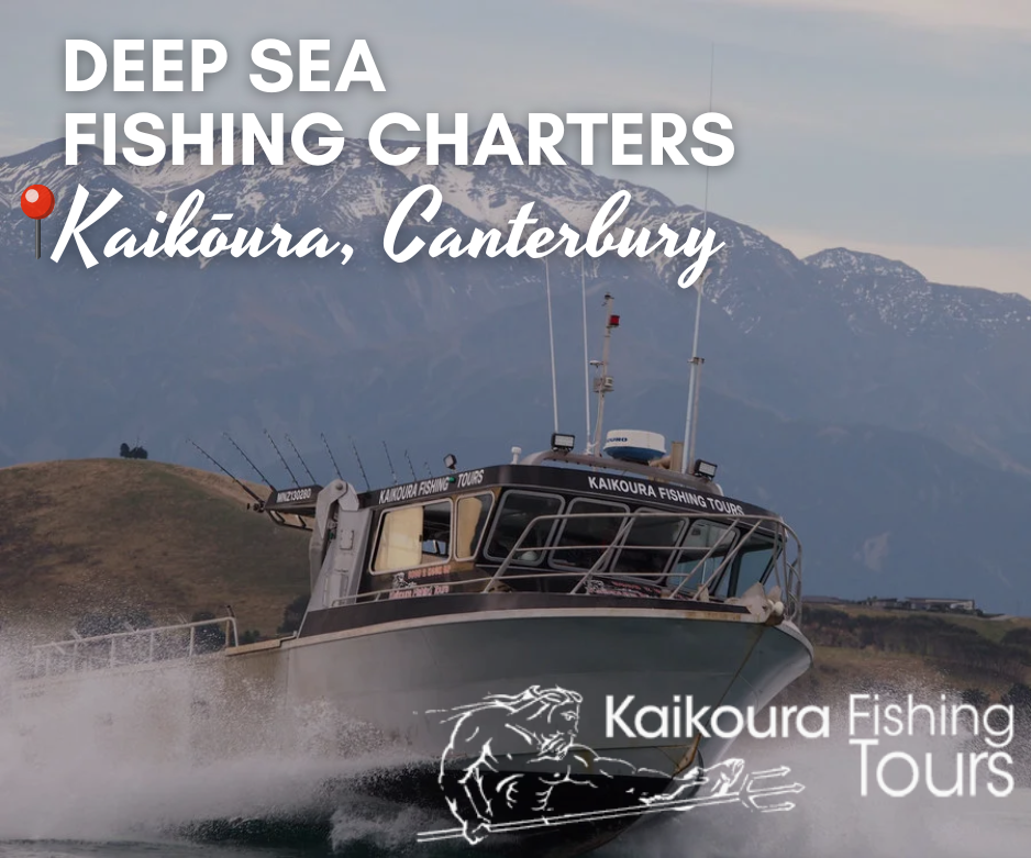 Kaikōura Fishing Tours charter boat on the water with snow-capped mountains in the background – deep sea fishing charters in Kaikōura, Canterbury, New Zealand