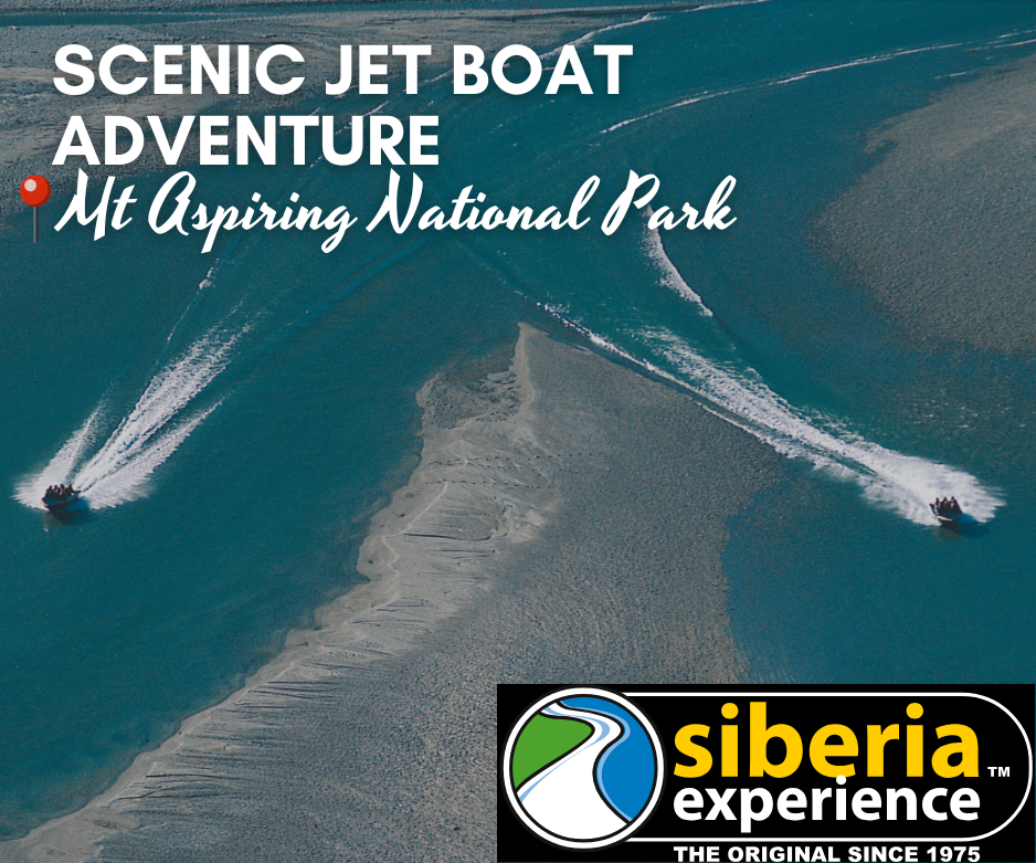 Scenic jet boat adventure on the Wilkin River in Mt Aspiring National Park, part of the Original Siberia Experience Fly Walk Jet Boat wilderness tour in New Zealand.