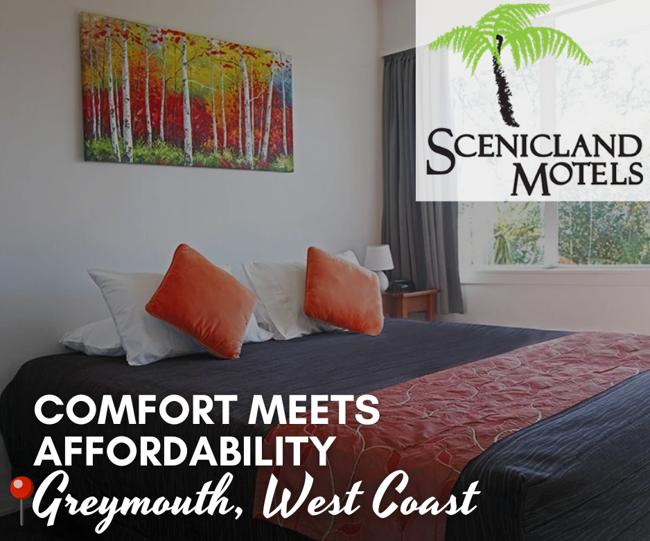 A bright and tidy motel room with a neatly made bed featuring red and orange accents, a large colourful forest painting above the headboard, and natural light streaming through a window. The Scenicland Motels logo appears in the top right corner, with the text “Comfort Meets Affordability – Greymouth, West Coast” displayed across the image