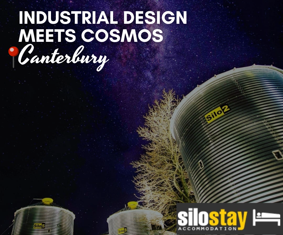 Night sky over SiloStay Accommodation in Little River, Canterbury — industrial silo apartments illuminated beneath a star-filled Milky Way, offering unique eco-friendly stargazing accommodation near Akaroa on New Zealand’s Banks Peninsula