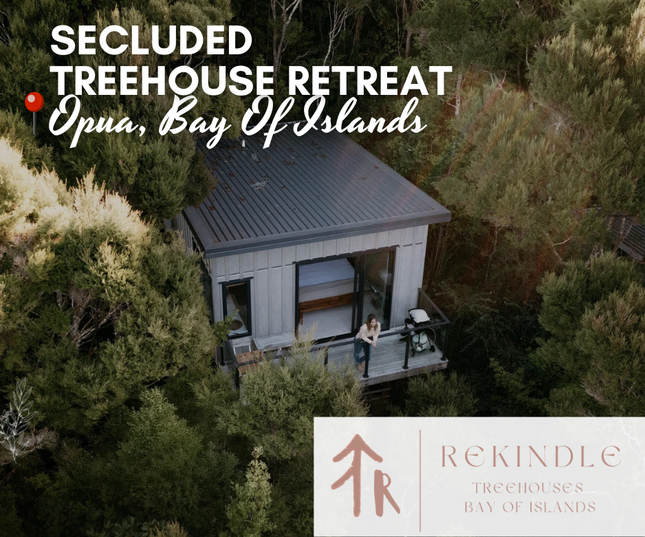 Secluded luxury treehouse retreat surrounded by native forest at Rekindle Treehouses in the Bay of Islands — romantic boutique accommodation ideal for couples seeking a peaceful nature escape