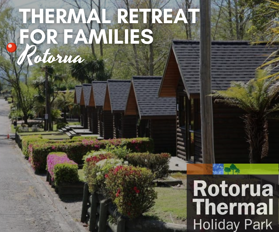 Family cabins at Rotorua Thermal Holiday Park in Rotorua, New Zealand – family-friendly accommodation with hot pools and park-like surroundings