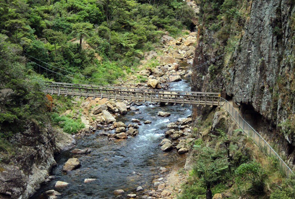 Enjoy scenic walking and cycle trails in the Karangahake Gorge part of the Hauraki Cycle Trail