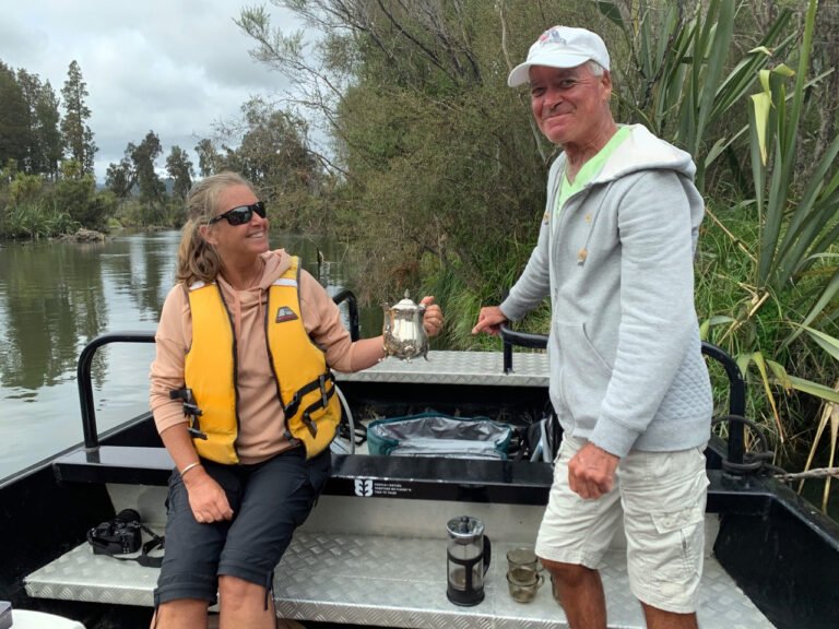 okarito eco boat tour tea break guests 768x576