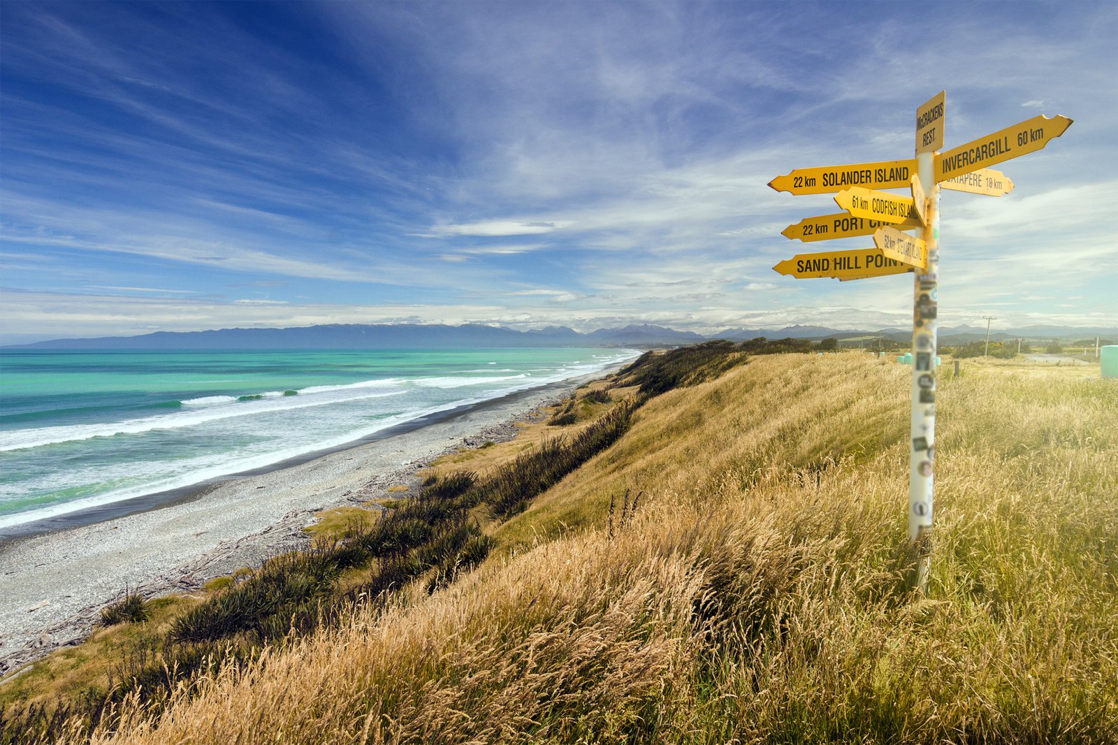 McCracken's Rest signpost is located on the Tuatapere-Orepuki Highway, Te Waewae in Southland, New Zealand