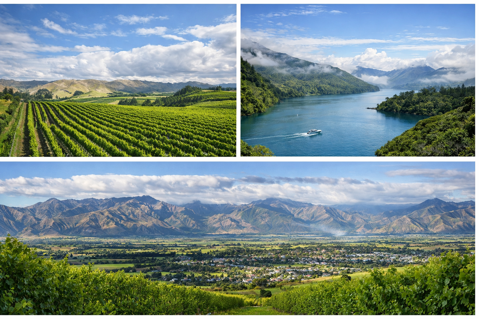 Views of the Marlborough region in New Zealand with valleys, vineyards and the Marlborough Sounds