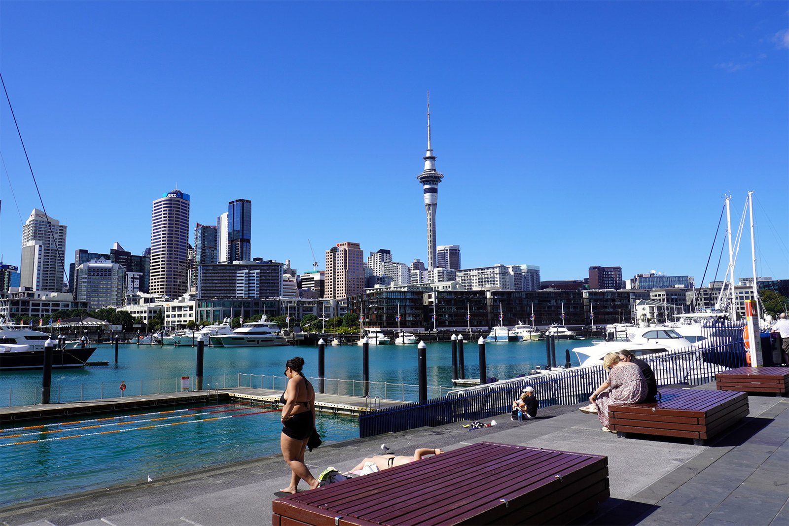 Auckland waterfront and Viaduct Harbour with city skyline