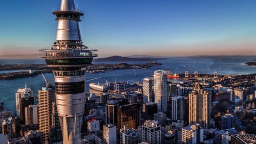 Sky Tower and Auckland city skyline overlooking the harbour