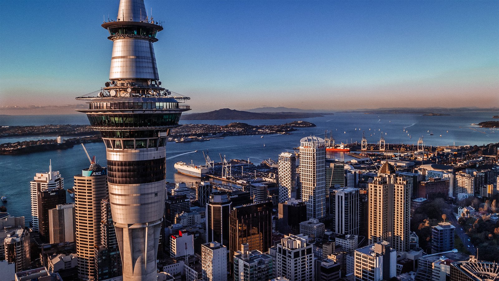Sky Tower rising above the Auckland city skyline and harbour