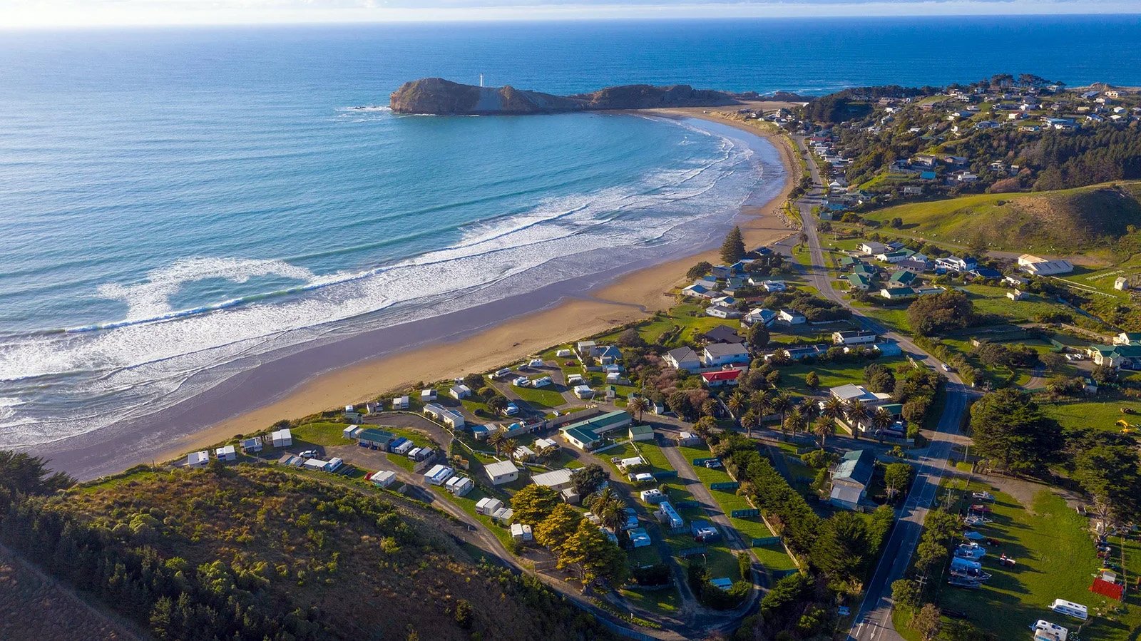 Castlepoint beach and lighthouse aerial view Wairarapa coast New Zealand