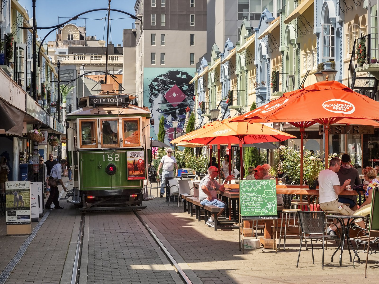 Christchurch city tram and street scene Canterbury NZ