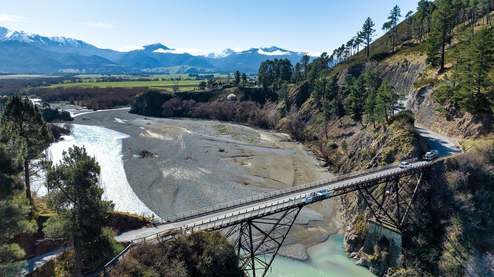 Hanmer Springs countryside with river and scenic road Canterbury New Zealand
