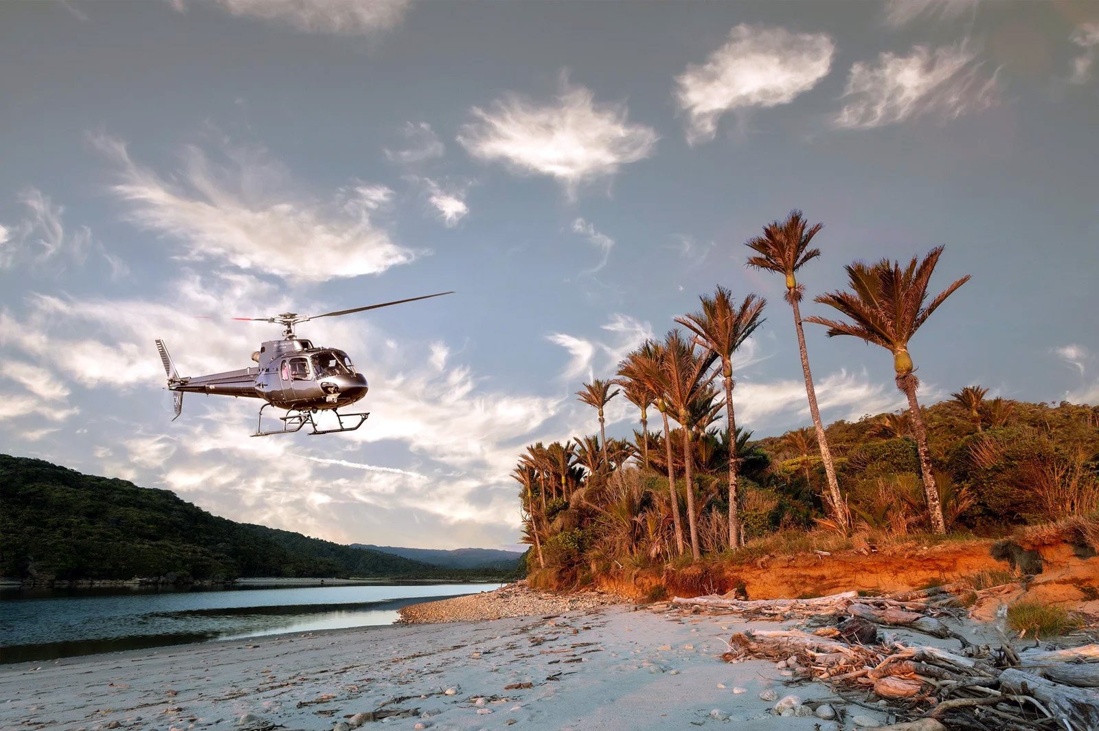 Helicopter scenic flight over Nelson Tasman coastline and beaches