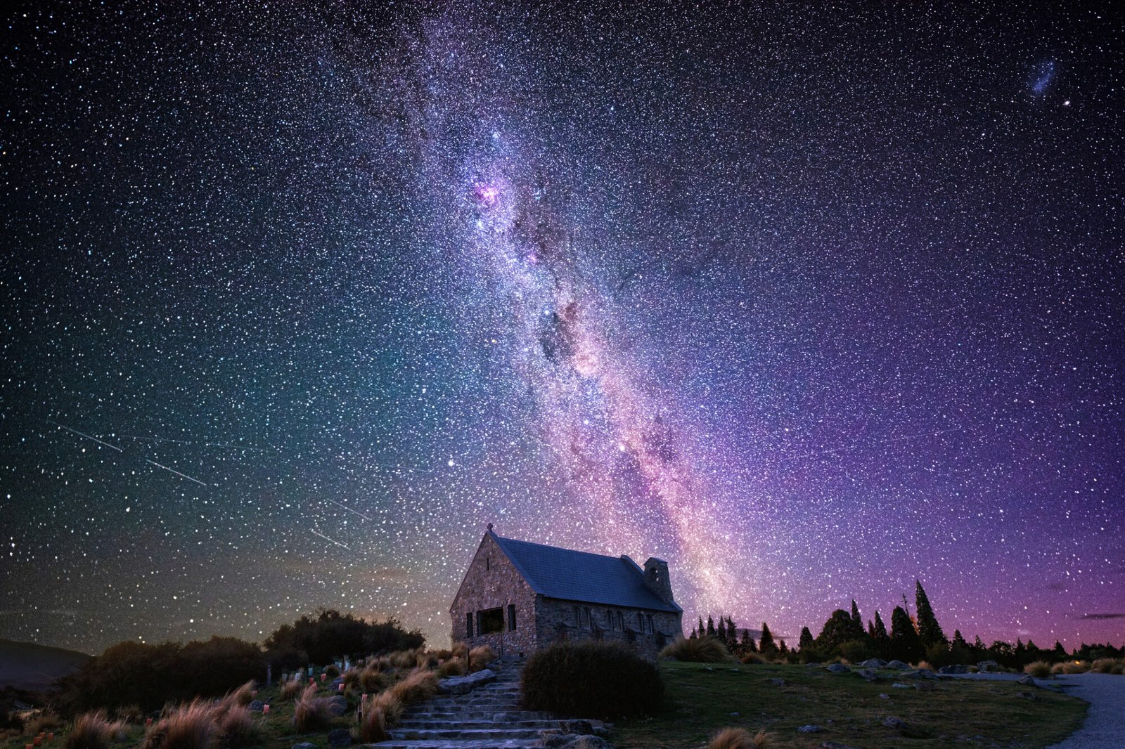 Starry skies over the Church of the Good Shepherd, Lake Tekapo, Canterbury NZ