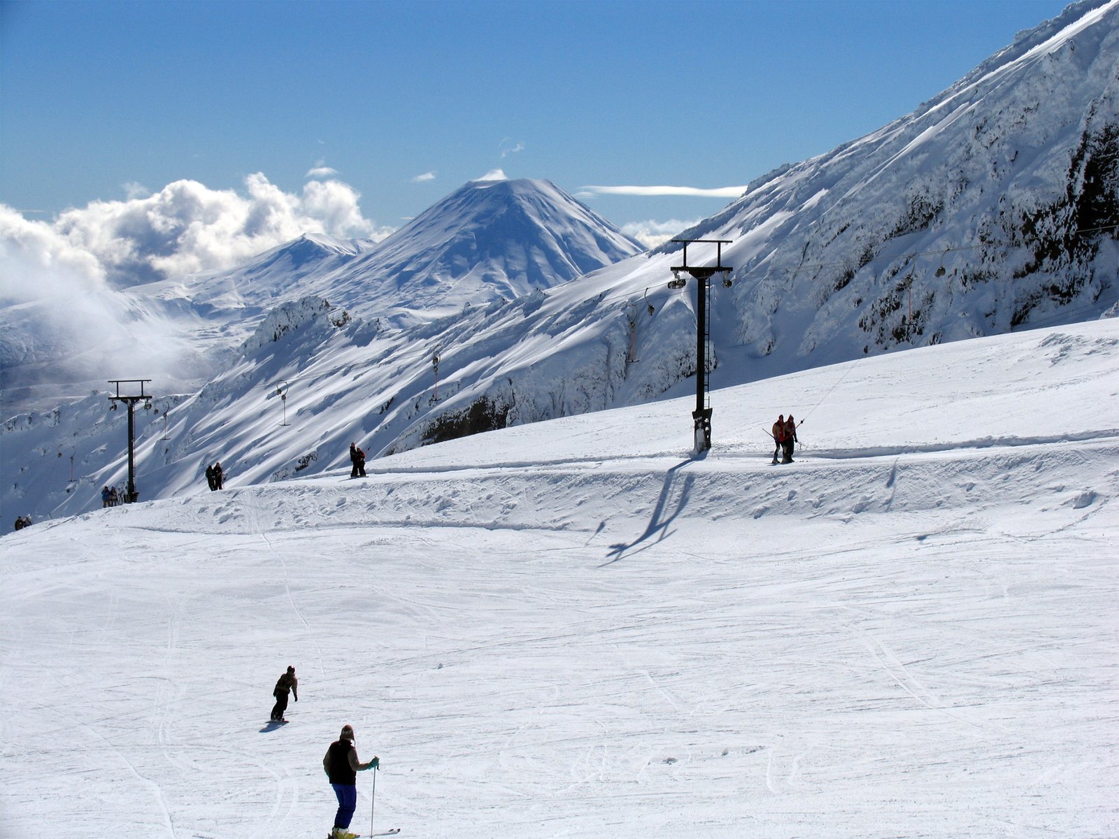 Skiers on Mount Ruapehu ski field in winter
