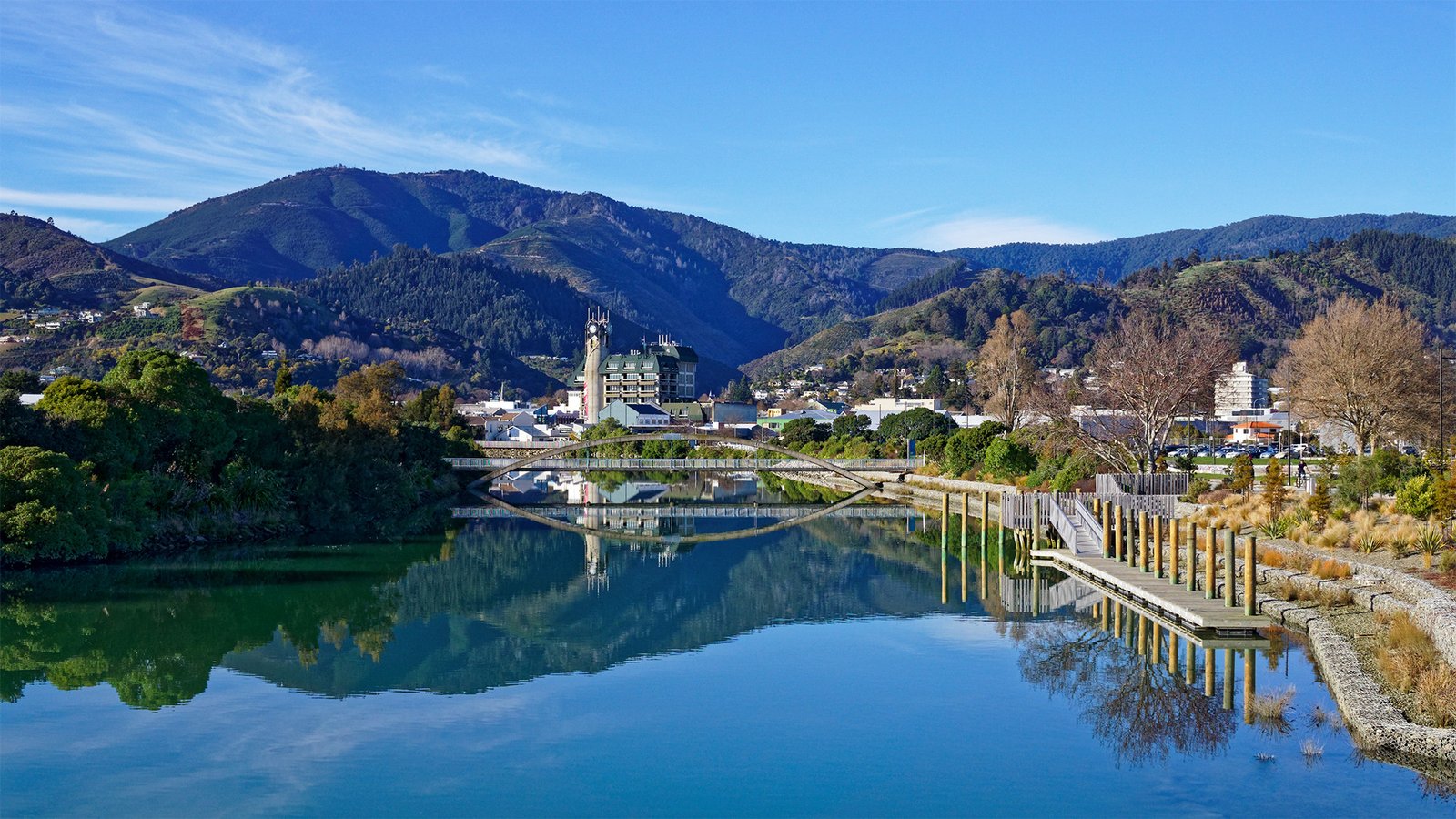 Nelson city with river, bridge and surrounding hills in the Nelson Tasman region