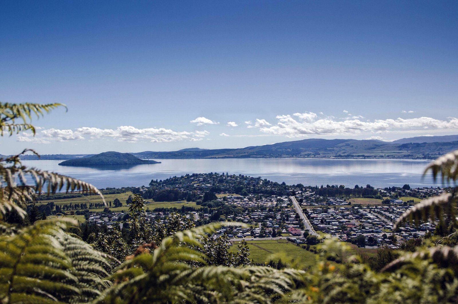 Aerial view of Rotorua township and lake Bay of Plenty New Zealand