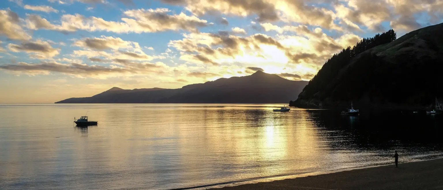Golden sunset over the water in Tasman Region NZ