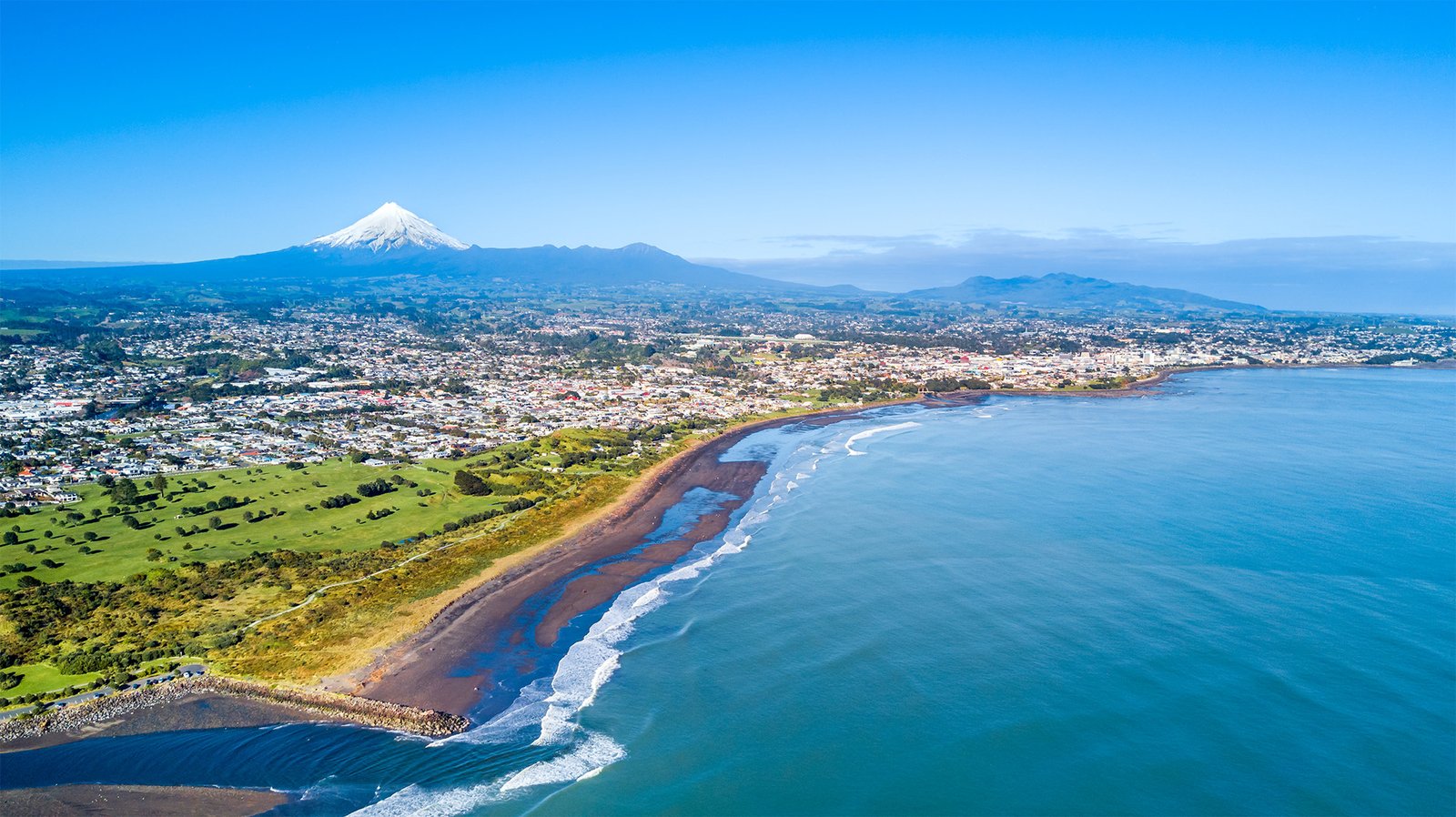 Aerial view of New Plymouth with Mt Taranaki in the background