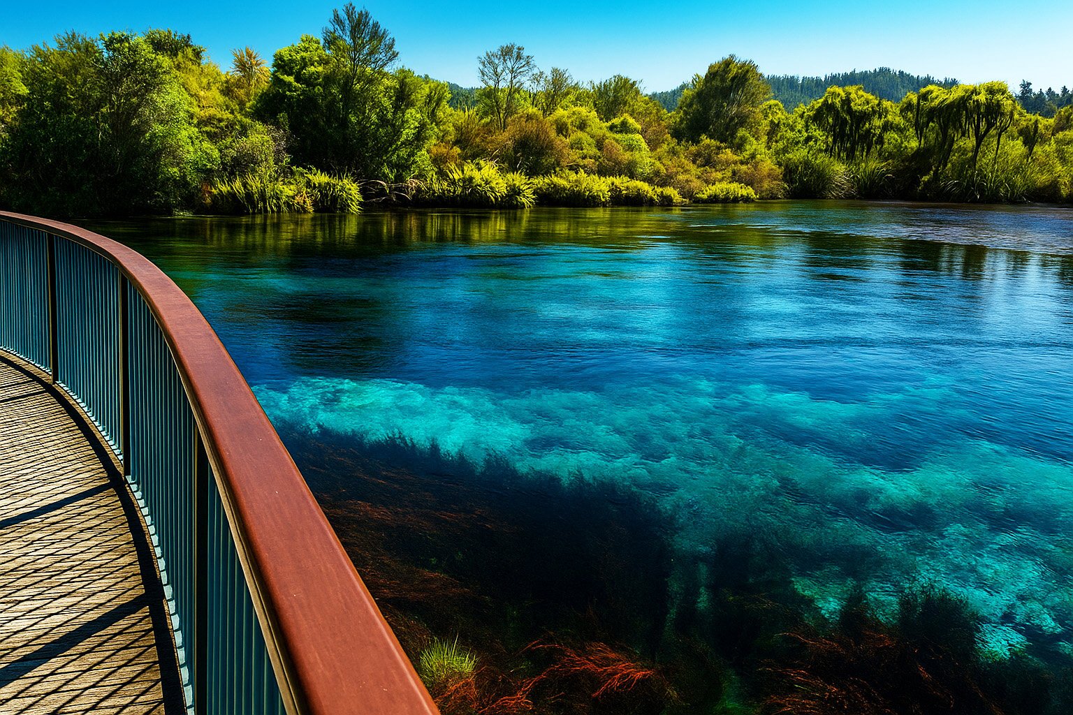 Te Waikoropupū Springs with crystal clear water and native bush in Golden Bay
