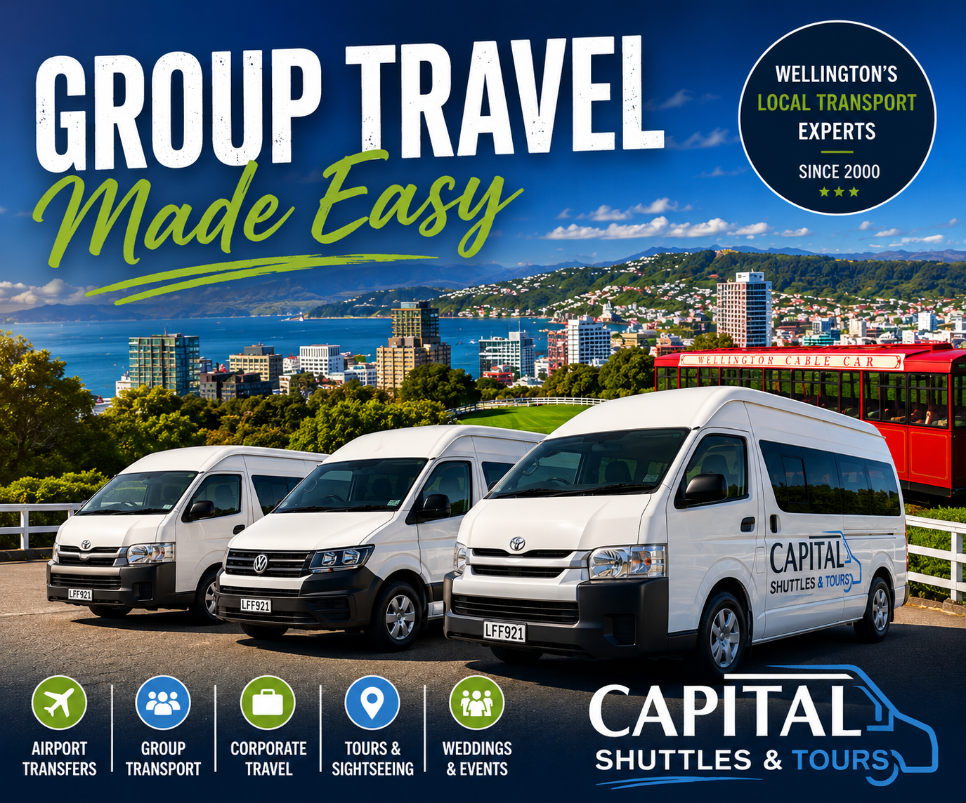 Capital Shuttles & Tours group transport advertisement featuring three white shuttle vans overlooking Wellington city and the iconic Cable Car, with the headline "Group Travel Made Easy" and the Capital Shuttles & Tours logo.
