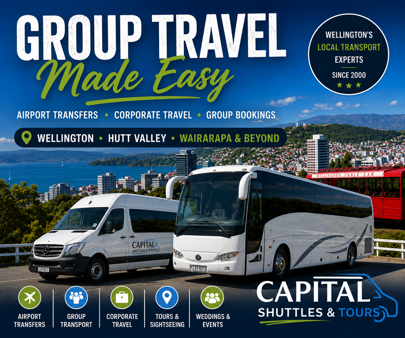 Capital Shuttles & Tours group transport advertisement featuring three white shuttle vans overlooking Wellington city and the iconic Cable Car, with the headline "Group Travel Made Easy" and the Capital Shuttles & Tours logo.
