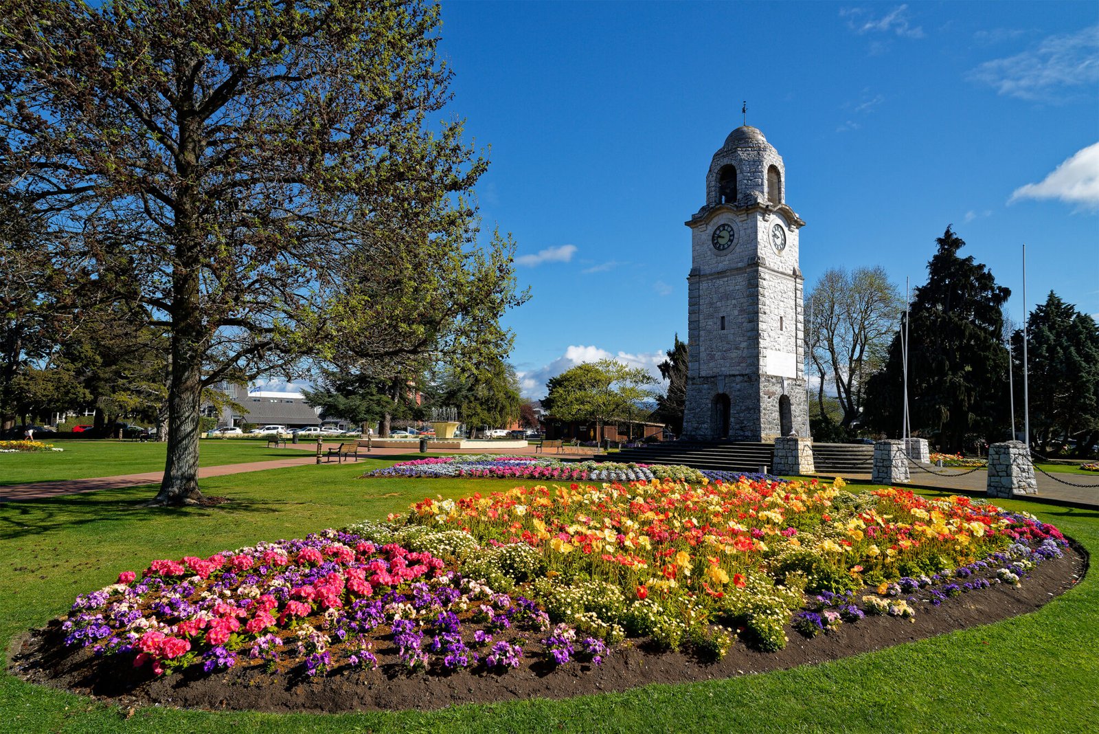 Blenheim Clock Tower and colourful gardens at Seymour Square in Marlborough