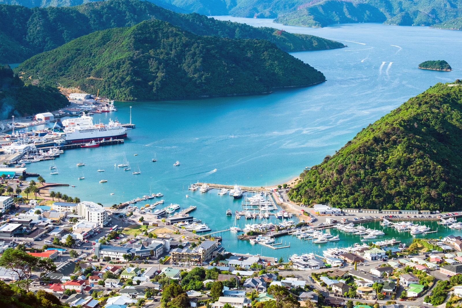 Aerial view of Picton harbour and the Marlborough Sounds in New Zealand