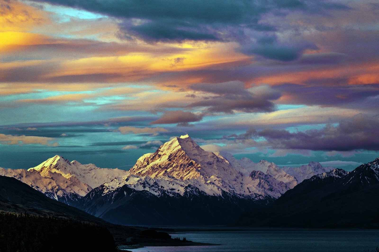 Aoraki Mount Cook glowing at sunset during winter in New Zealand