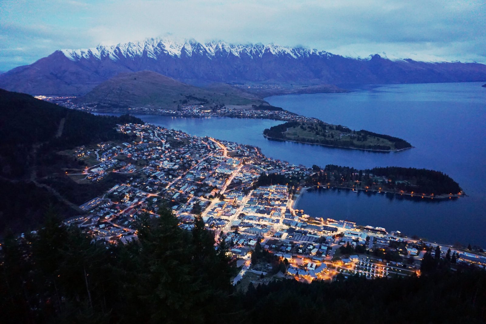 Panoramic view of Queenstown and Lake Wakatipu during winter