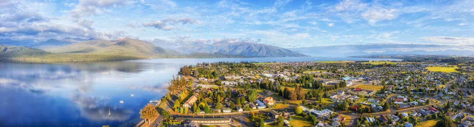 Aerial view of Te Anau beside Lake Te Anau in Fiordland